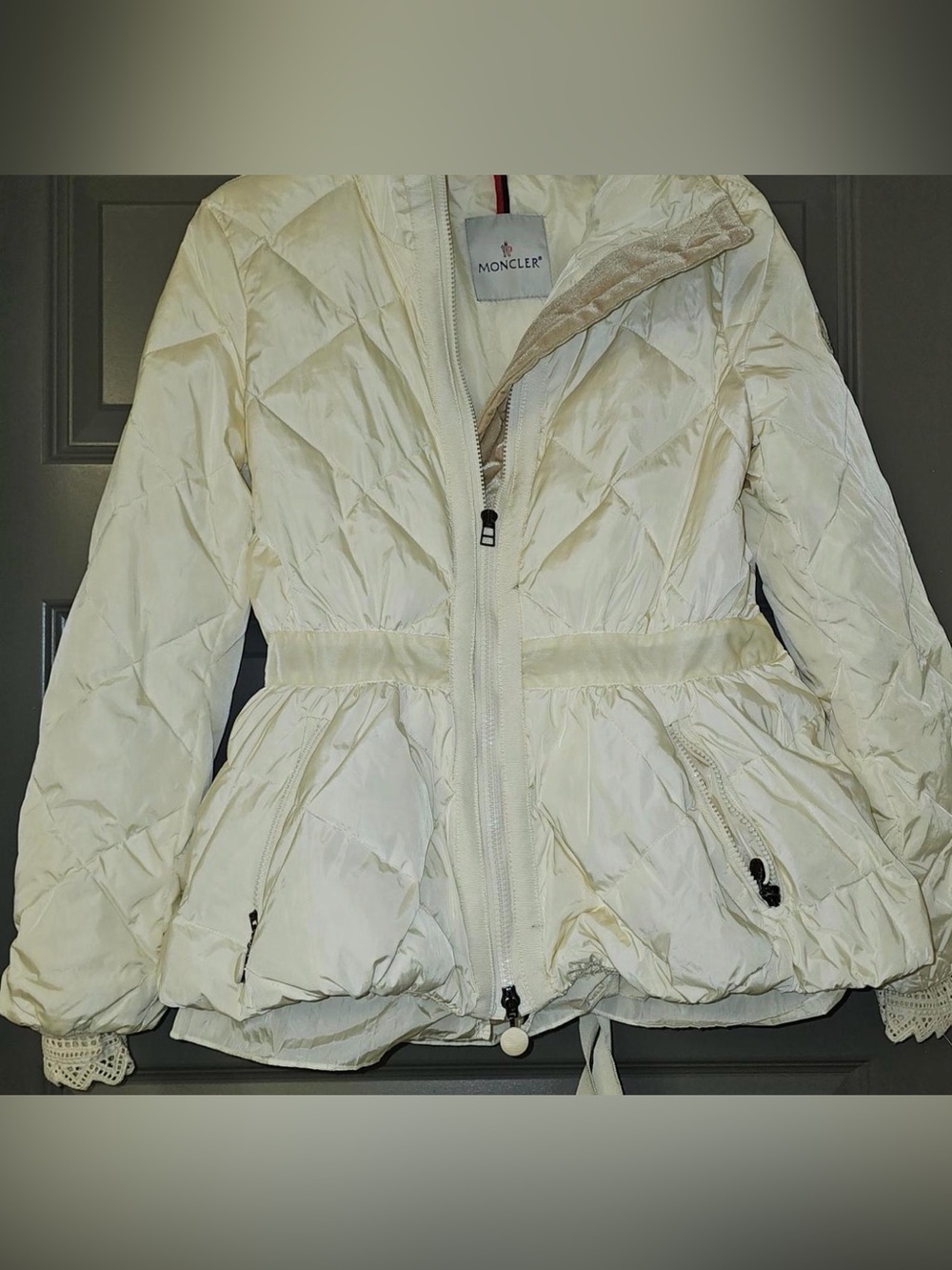Moncler Cream Quilted Peplum Puffer Jacket